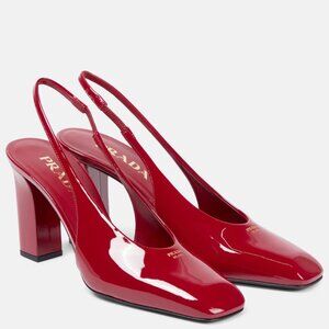 PRADA Modellerie Logo Square Toe Slingback Patent Leather Pumps Heels